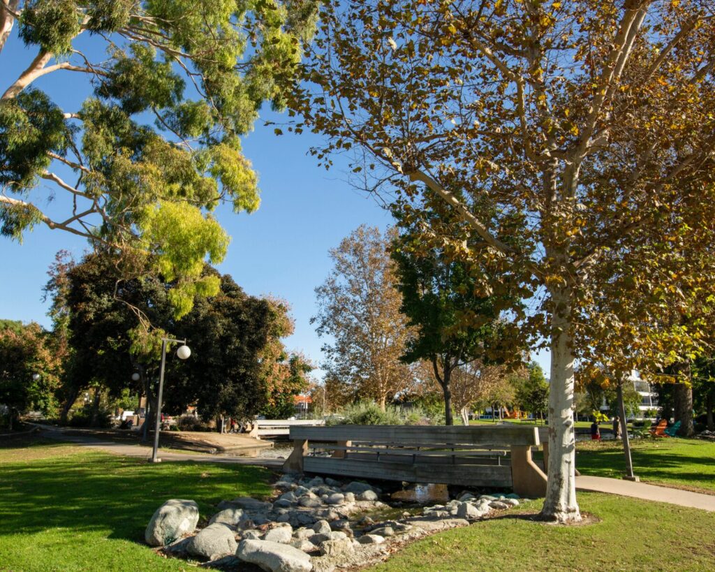 Park scene with a wooden footbridge over a rocky creek, green lawn and tall trees under a bright blue sky.