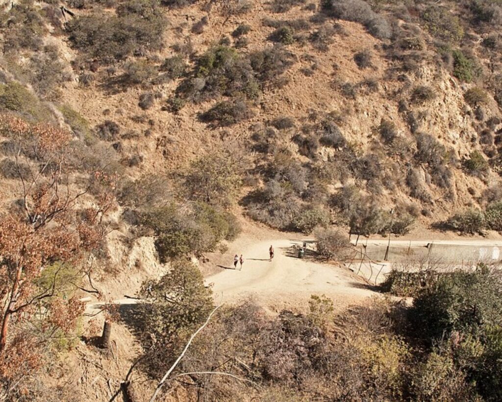 Runyon Canyon east trail viewed from above, with dry hillsides, winding paths, shrubs, and hikers.