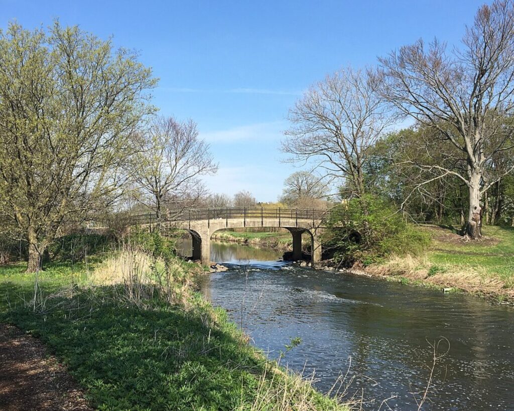 Morton Arboretum landscape with river, small bridge, trees, and clear blue sky.