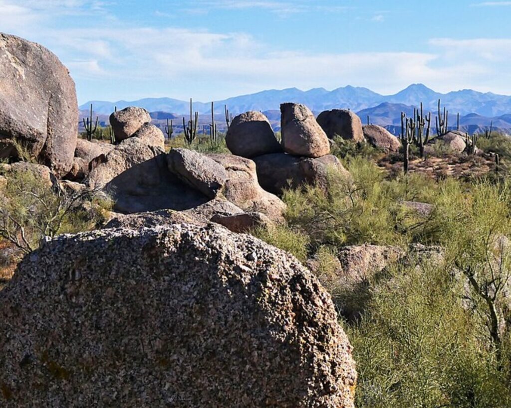 Scottsdale desert landscape with large boulders, cactus plants, dry shrubs, and distant mountains under a blue sky.