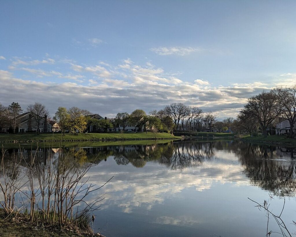 Cottonwood Park lake in Rolling Meadows with calm water, tree reflections, houses, and a cloudy sky.