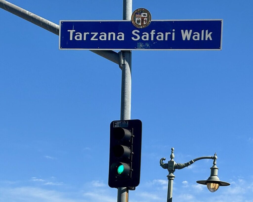Blue street sign reading 'Tarzana Safari Walk' mounted on a pole, with a traffic light and decorative lamp against a clear blue sky.