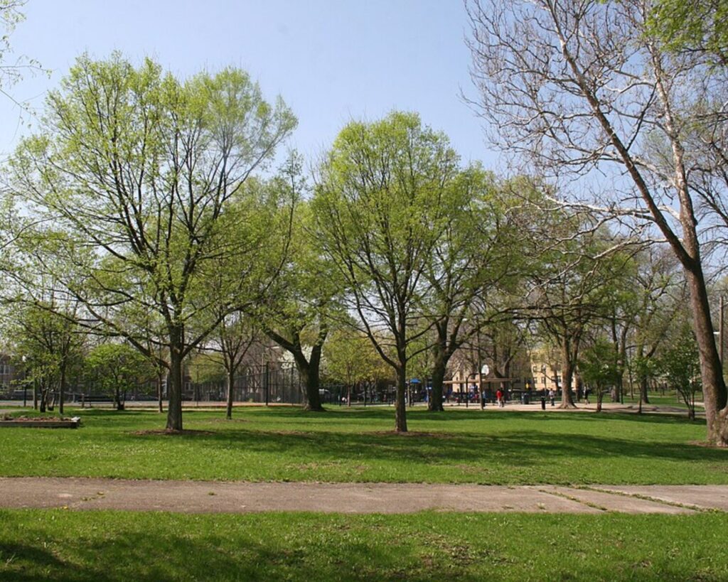 Eugene Field Park in Chicago with green lawns, mature trees, walking paths, and a playground.