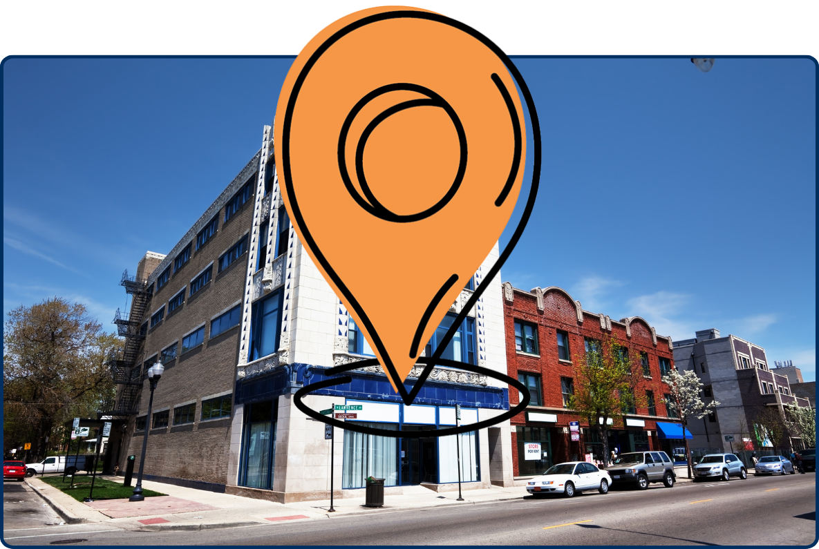 Landmark Art Moderne building in Albany Park, Chicago, featuring ornate white-and-blue architecture along a city street.
