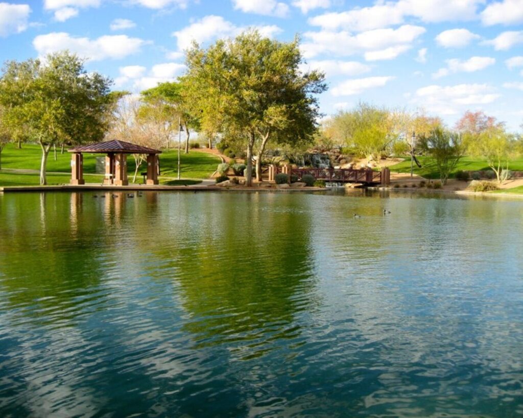 Park by a calm lake with a wooden pavilion and a footbridge among green trees under a blue sky.