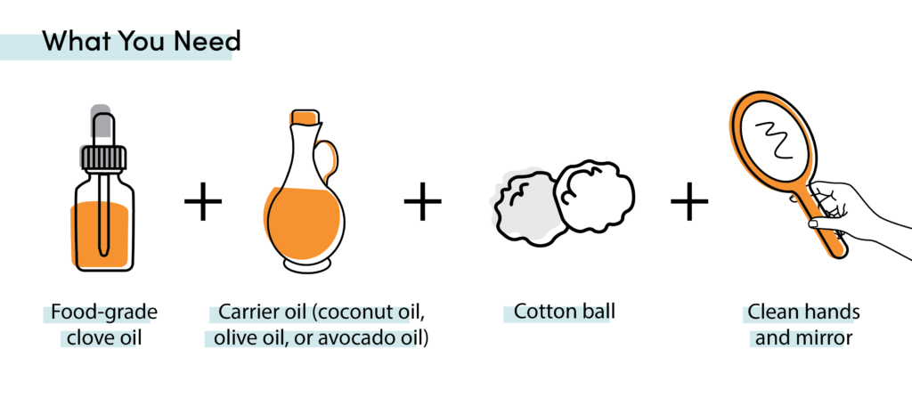 Supplies needed to apply clove oil for tooth pain, including carrier oil, cotton balls, and a mirror