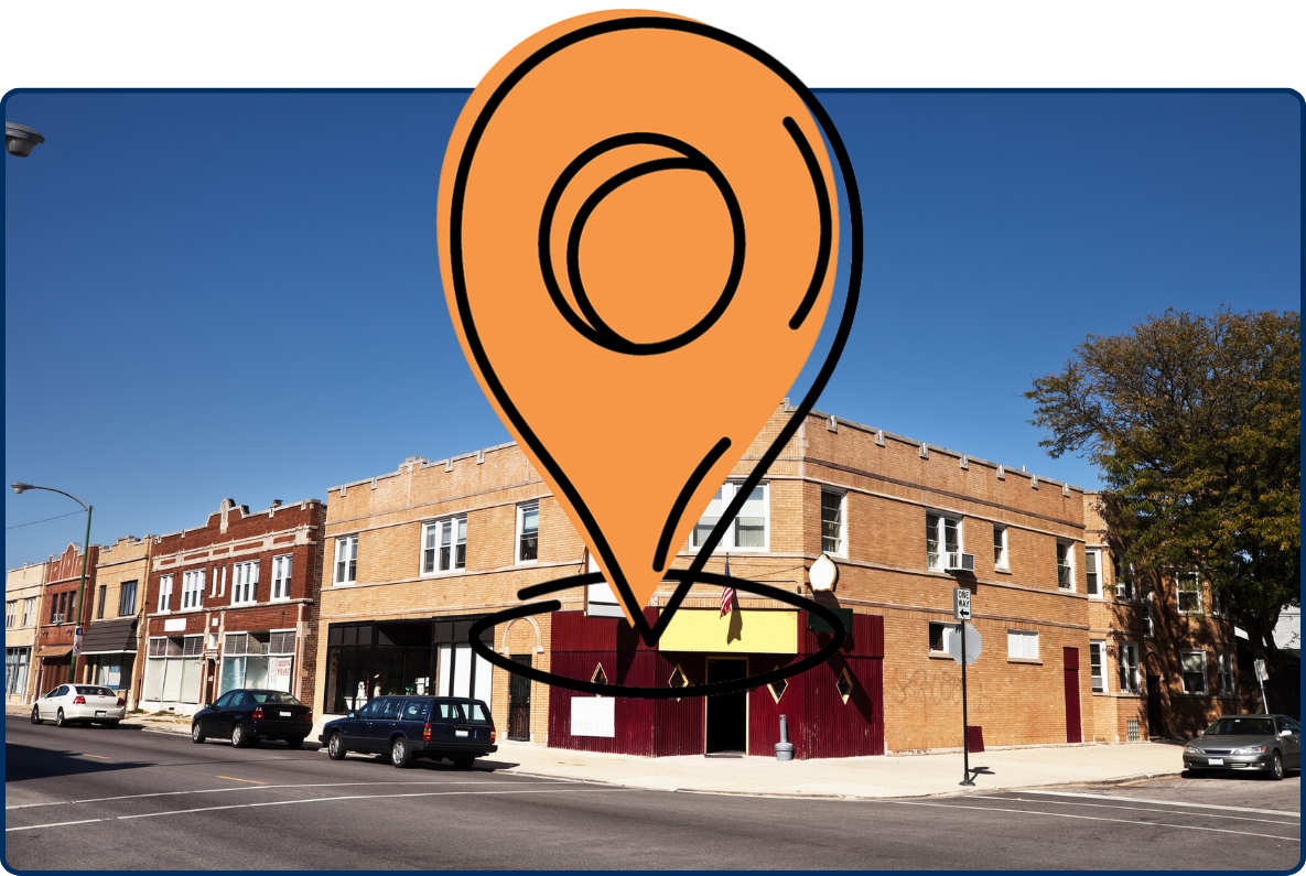 Corner pub in Dunning, Chicago with brick storefronts, parked cars, and clear blue sky.