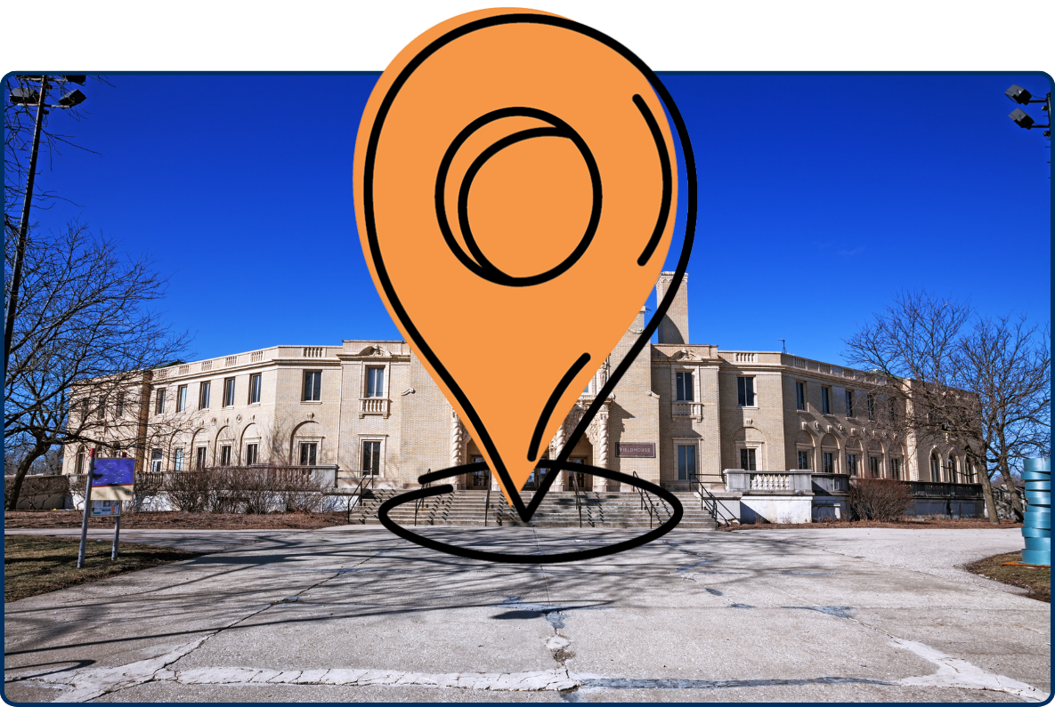 Garfield Park Field House in Chicago with ornate historic facade, gold dome, steps, and clear blue sky.