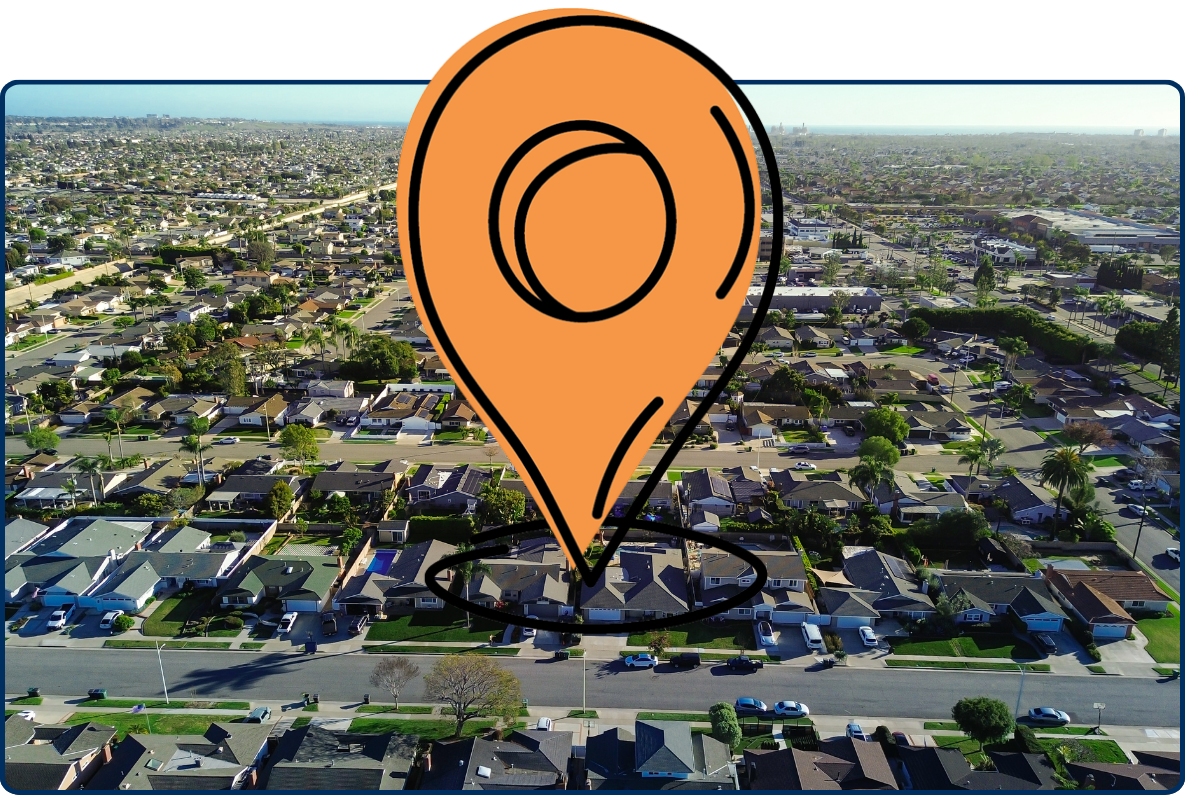 Aerial view of Fountain Valley, California, with dense residential neighborhoods, streets, greenery, and distant development.