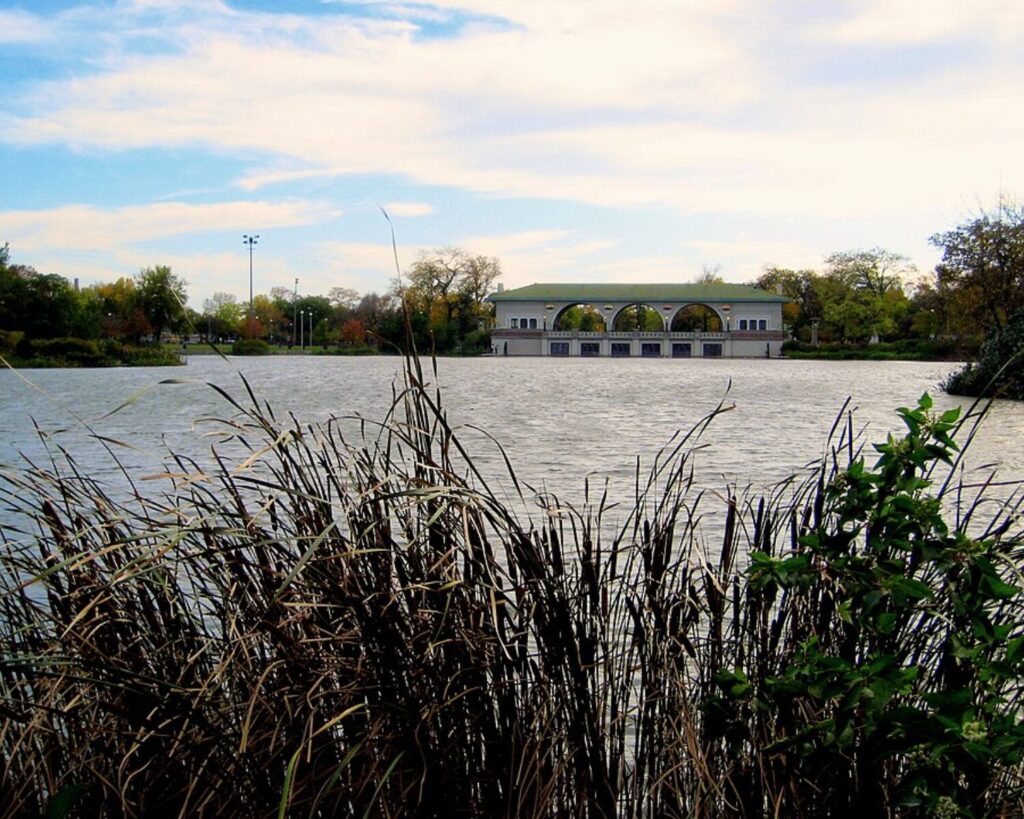 Humboldt Park lagoon with tall reeds in the foreground and a historic arched pavilion across the water beneath a partly cloudy sky.