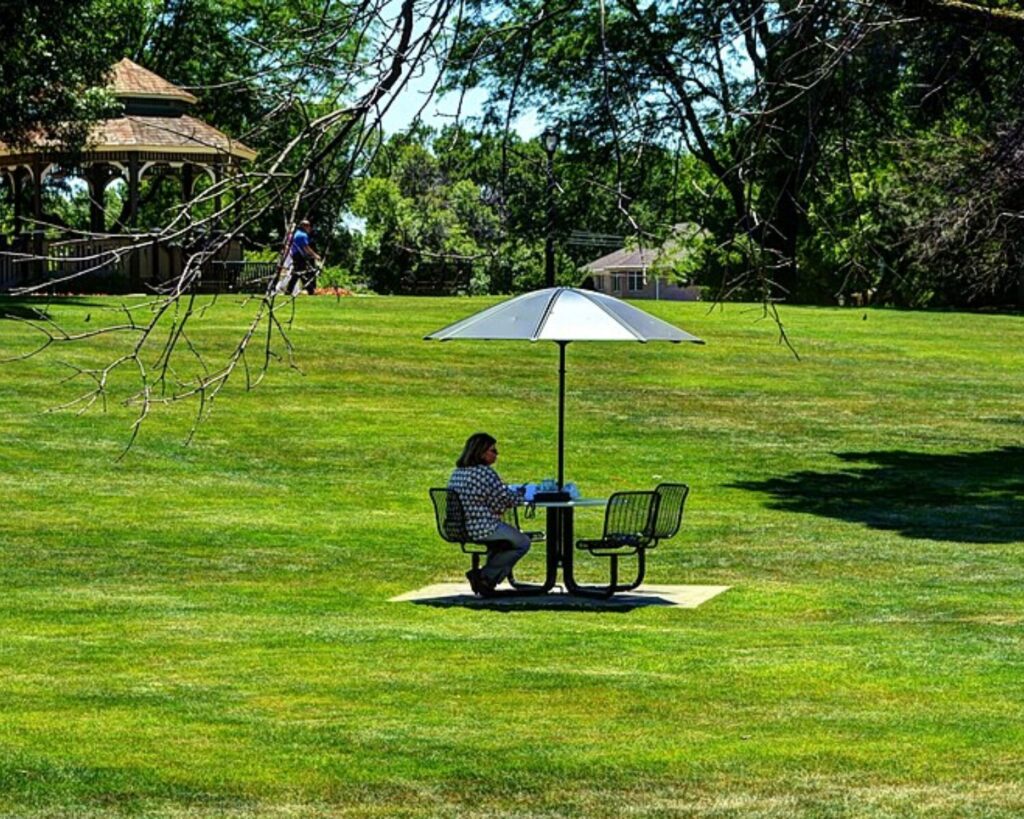Person sitting at a round table under a large white umbrella in a green park.