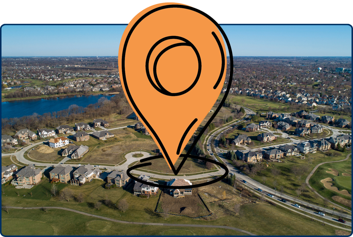 Aerial panoramic view of a suburban residential neighborhood with winding streets, large homes, ponds, and a golf course near Libertyville, Illinois.
