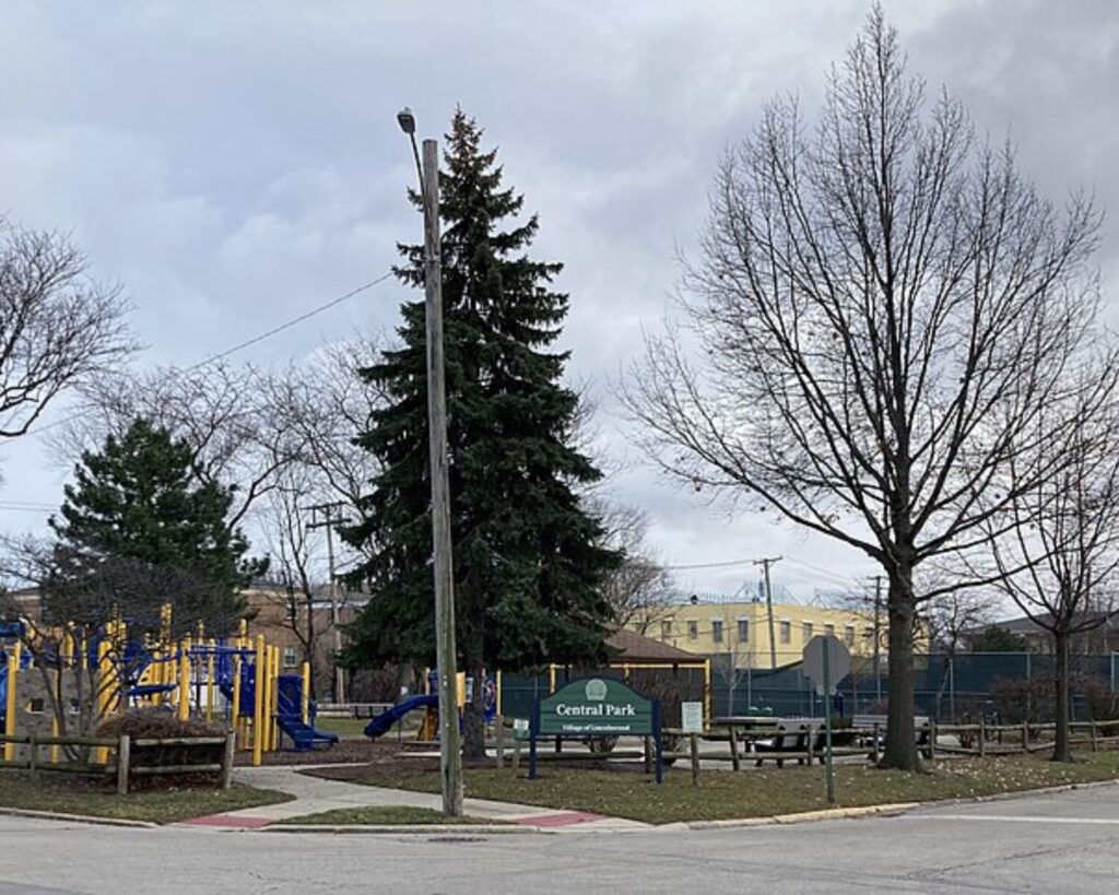 Playground in a park with in-ground slides and climbing structures, a Central Park sign visible in the foreground under cloudy skies.