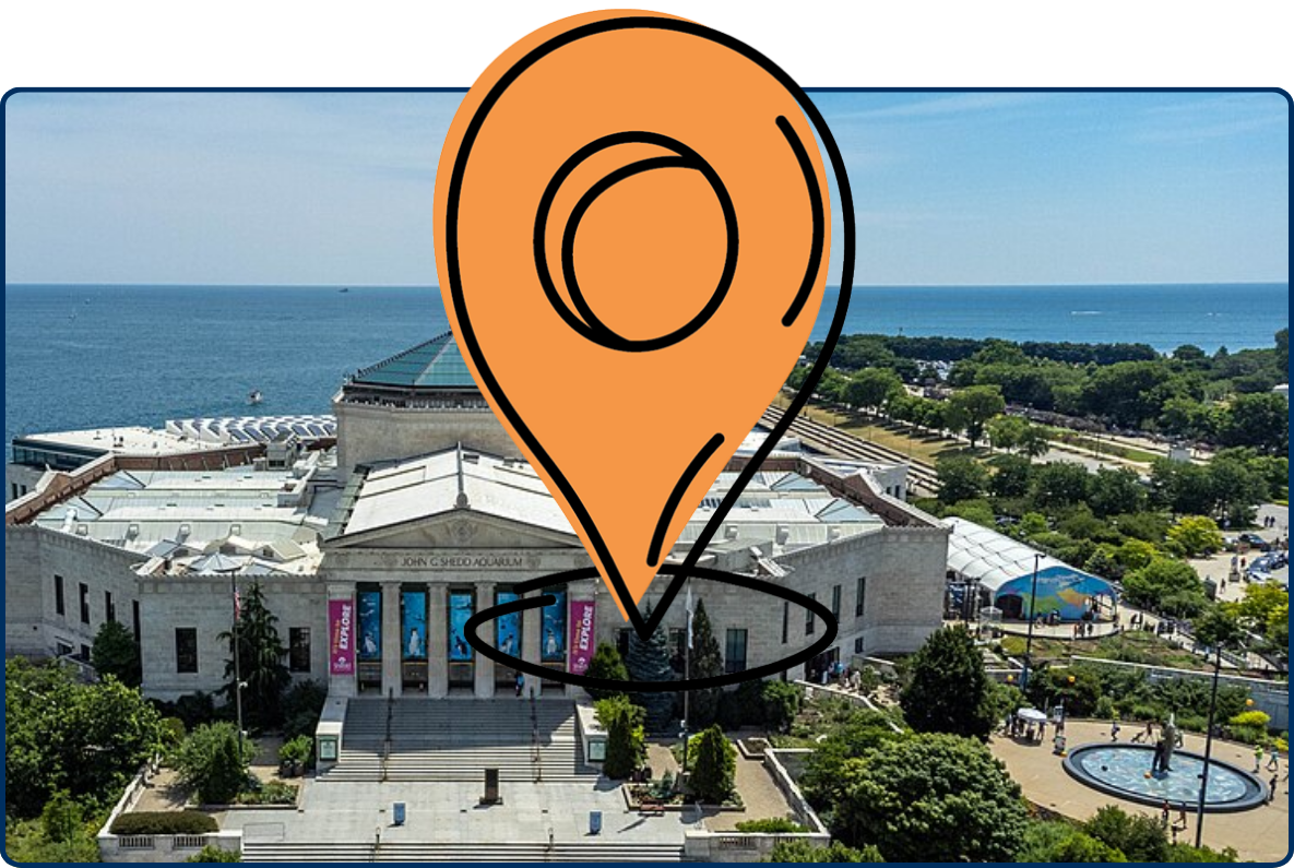 Aerial view of Chicago’s Shedd Aquarium beside Lake Michigan, surrounded by trees, walkways, and visitor areas.
