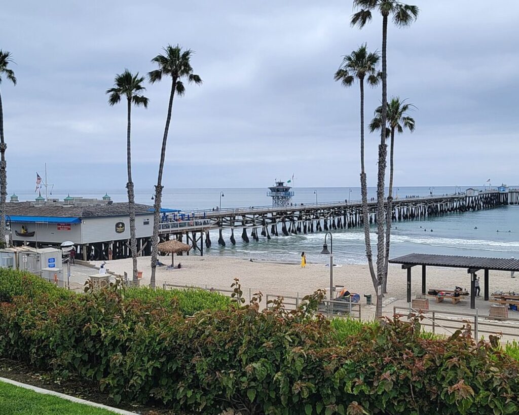 San Clemente Pier with palm trees, beach, ocean waves, and cloudy sky.