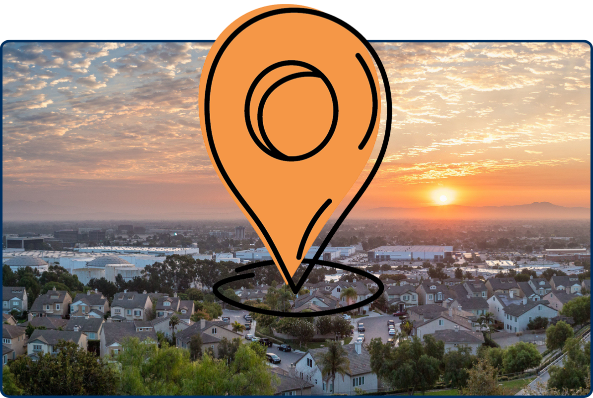 Sunset over a suburban neighborhood with a large orange location pin drawn in the center.