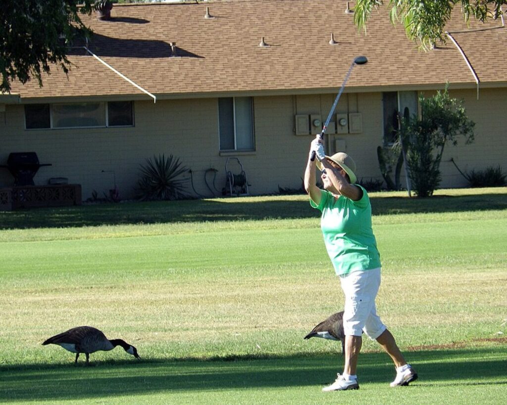 Older woman in a green shirt and white shorts swings a golf club on a grassy field, with birds nearby and a house in the background.