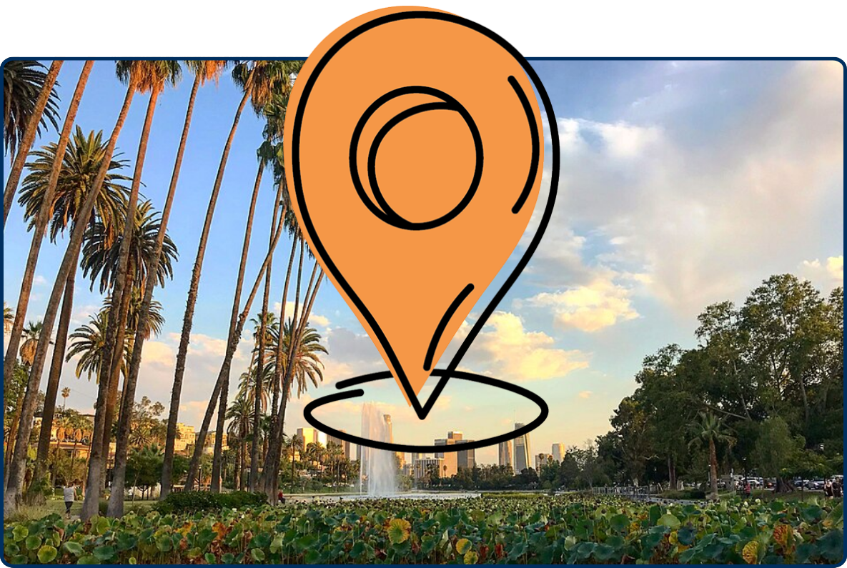 Echo Park Lake filled with lotus plants and lined with tall palm trees, with a fountain and the downtown Los Angeles skyline in the background.