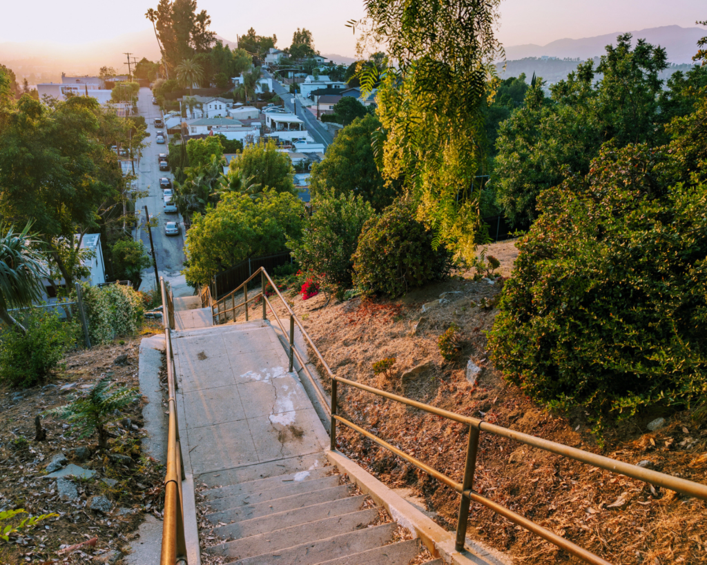 Concrete stairway with metal handrails descends a sunlit hillside toward a residential street lined with cars and trees at golden hour.