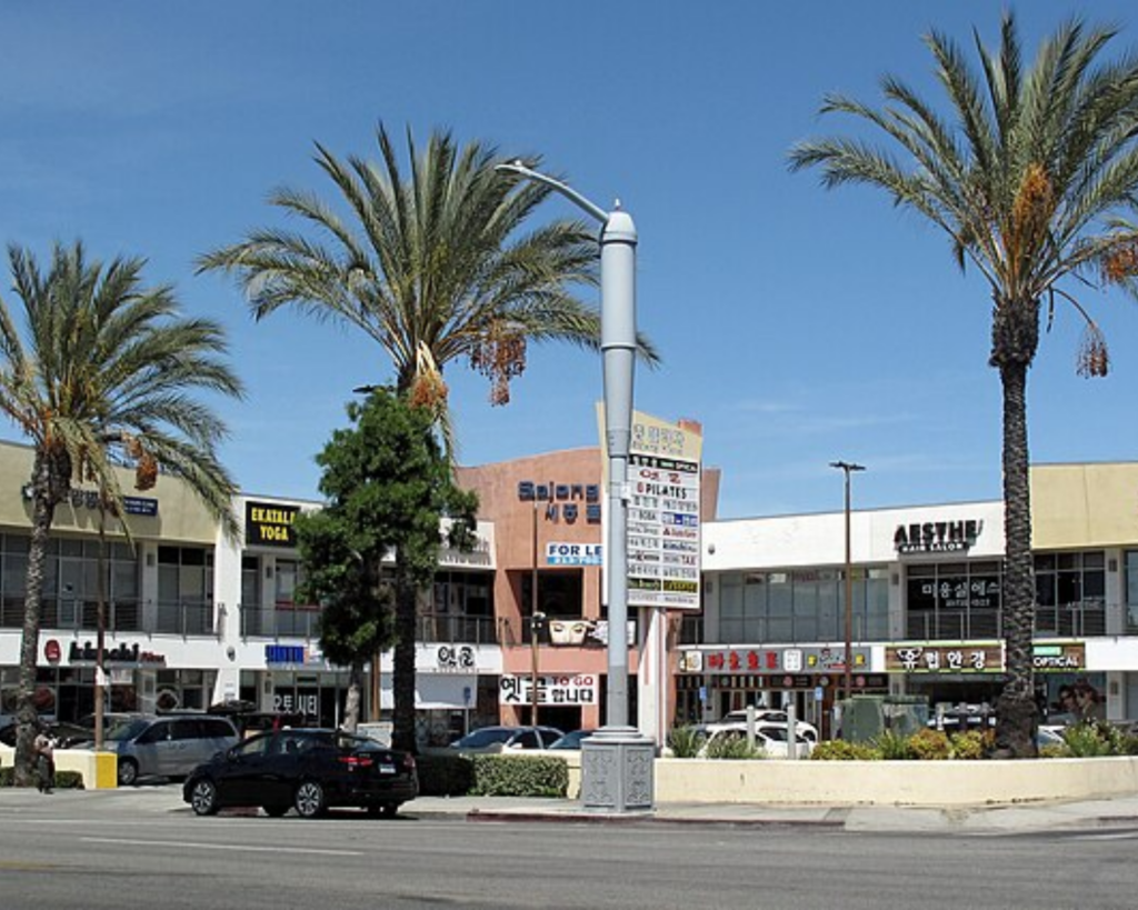 Sejong Plaza on South Western Avenue in Los Angeles, with palm trees, storefronts, Korean signage, and parked cars.