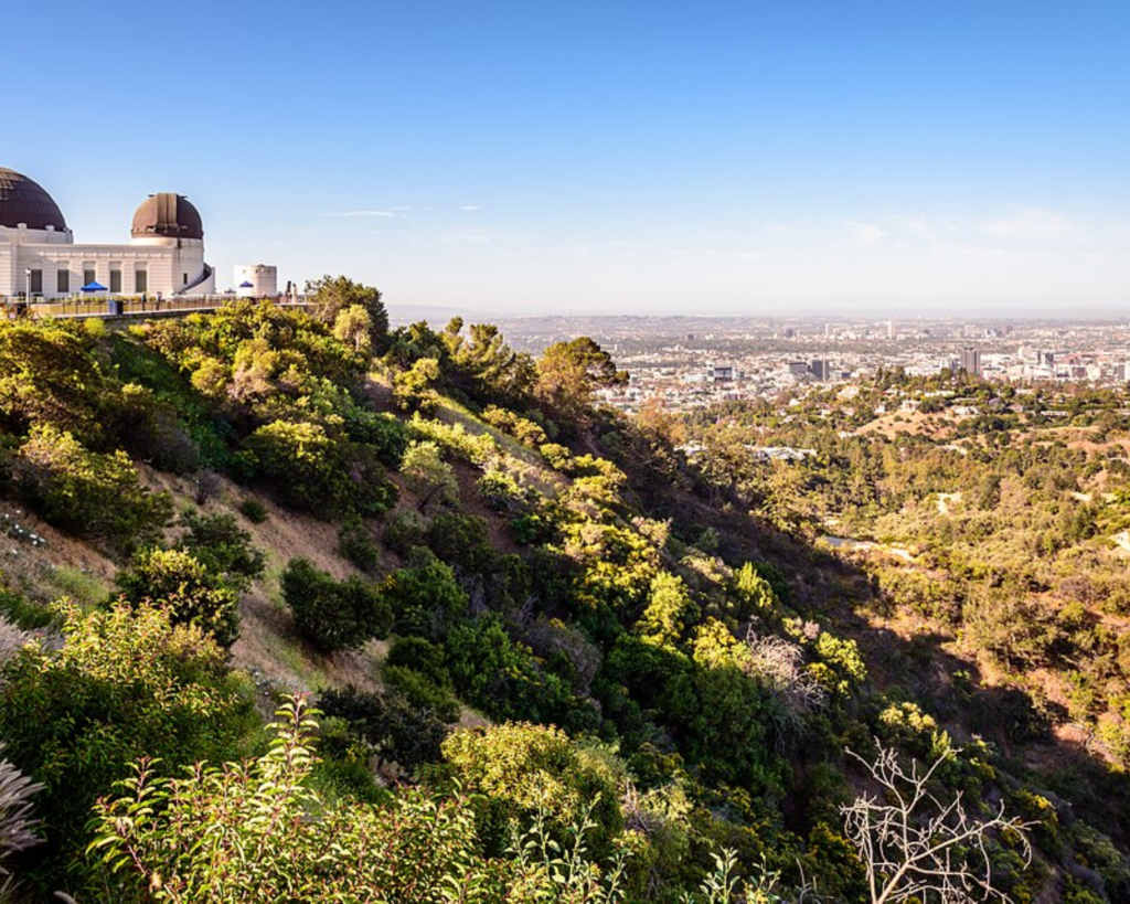 Griffith Observatory on a green hillside overlooking Los Angeles under a clear blue sky.