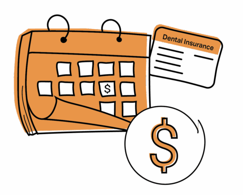 Illusration of a dental payment schedule, insurance card, and dollar sign symbol