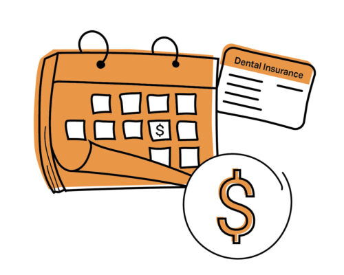 Illusration of a dental payment schedule, insurance card, and dollar sign symbol