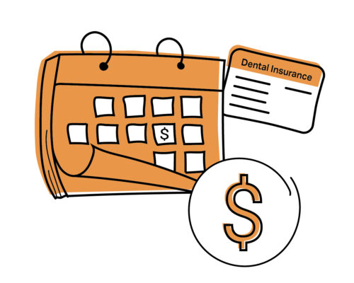 Illustration of an orange calendar, a dollar-sign coin, and a dental insurance card representing dental insurance costs or payments.