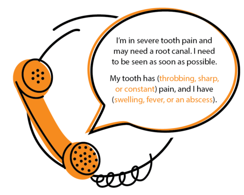 Orange telephone graphic with a speech bubble explaining that severe tooth pain may require a root canal, with symptoms like throbbing, sharp, or constant pain and swelling or fever.